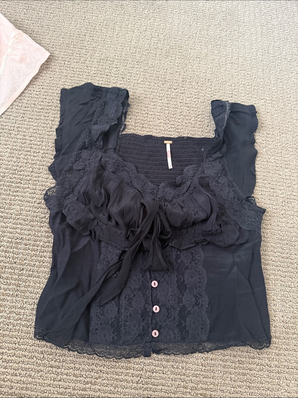 Free People Black Lace-Trim Tie-Front Ruffle Camisole